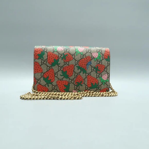 Authentic GUCCI Chain Wallet Brown Strawberry Canvas Shoulder Bag 778-121424 - Picture 2 of 12